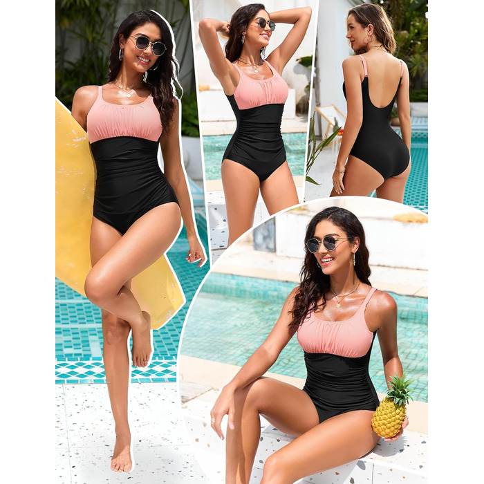 Одноцільний купальник Vancavoo з пуш-ап, корегуючий, з відкритим спиною, рюшами та V-подібним вирізом (M, Рожевий + Чорний)