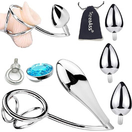 Анальний гачок ScreaAss з кільцем для пеніса, кільцем для яєчок та 4 анальними пробірками, набором для BDSM, металевий, срібний, 50 мм