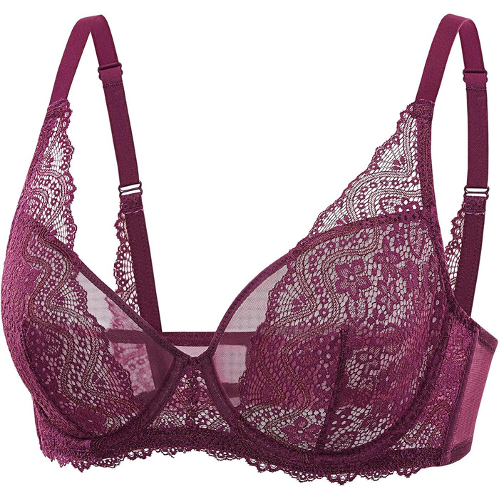 Бюстгальтер Dobleva з мереживом, з кісточками, ефект мінімайзер, великі розміри, сексуальний, прозорий, глибокий виріз (75B, Traubenwein)