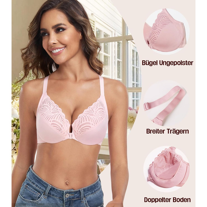 Бюстгальтер жіночий з кісточками, застібка спереду, великі розміри, без підкладки, м'яка чашка, спортивний дизайн, квітковий принт, мереживо, повна чашка, для великої груди, надійна підтримка, класичний BHS (90C, Рожевий)