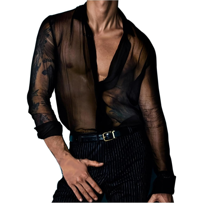 Чоловіча прозора сорочка Detten: мереживна футболка з довгим рукавом, чорна, універсальний розмір