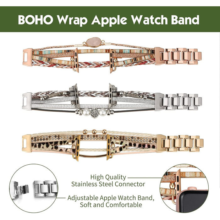 Шкіряний багатошаровий ремінець Boho для Apple Watch Series 11 10 9 8 7 6 5 4 3 2 1 SE Ultra 1 2 3, 42/44/45/46/49мм, чорний
