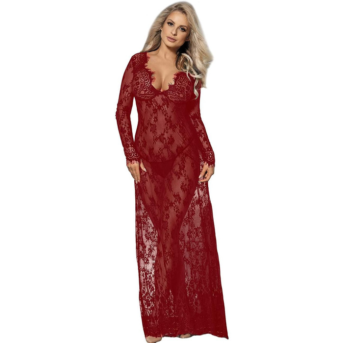 Сукня жіноча сексуальна мереживна з довгим рукавом V-подібний виріз, прозора, для вагітних, піжама, спідня білизна з G-стрінгом (XL-XXL, Червоний)