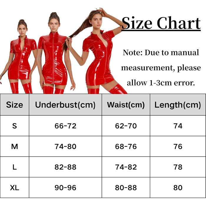 Міні-сукня з еластичної шкіри з блискавкою Wet Look, Babydoll, обтисла, з короткими рукавами, червона (L)