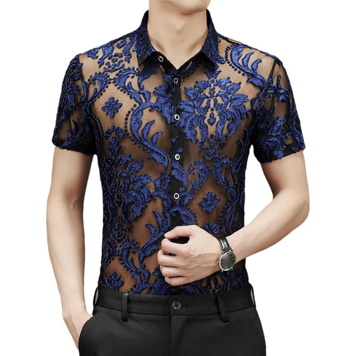 Чоловіча прозора сорочка з квітковим мереживом та сіткою, блакитна (L)