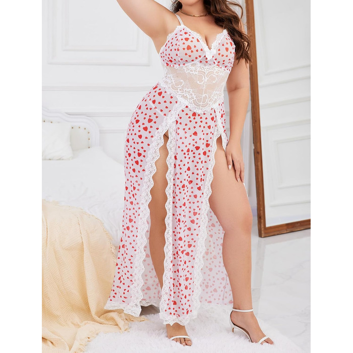 Babydoll для жінок Alrovetoney: мереживна піжама-сорочка з розрізами, біле серце, XL