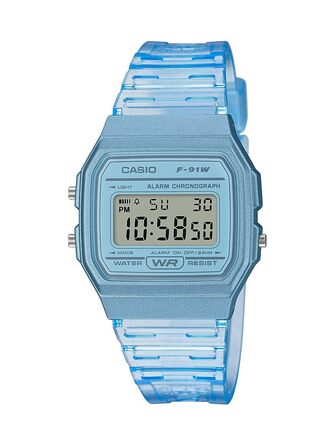 Чоловічий кварцовий годинник Casio F-91W (блакитний) — водостійкий, зі стопоміром, будильником та автоматичним календарем