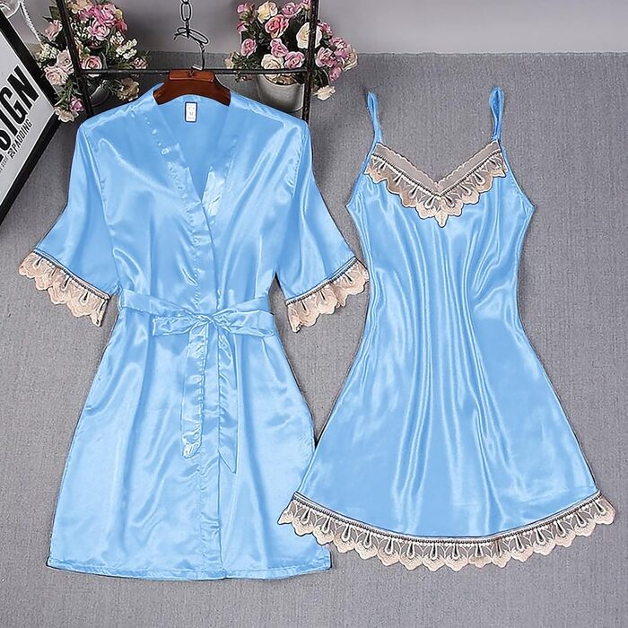 Жіночий халат-кімоно з мереживом, V-подібний виріз, сатиновий халат, нічна сорочка з довгим рукавом, комплект, нічна сукня, халат-кімоно, світло-блакитний, розмір S