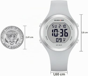 Жіночий спортивний годинник GOLDEN HOUR Digital Chronograph: водонепроникність 5ATM, силіконовий ремінець, з датою та підсвічуванням циферблата (Сірий)