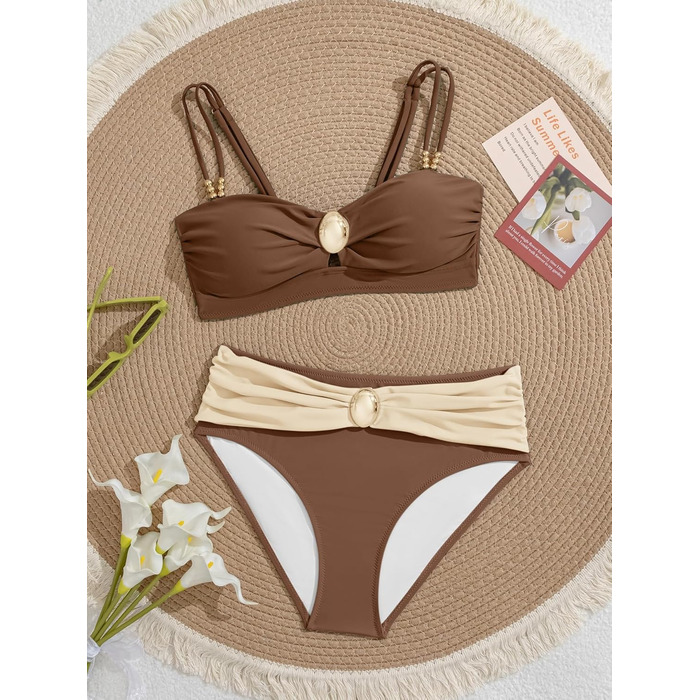 Бікіні жіноче двочастинне, спортивне, з V-подібним вирізом, колір блоку, з регульованими бретелями, коричневе, бежеве, розмір B M