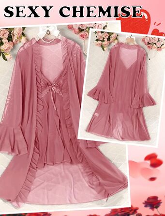 Комплект жіночої білизни AIEOE: мереживний халат-сорочка та нічна сорочка (рожевий, S)