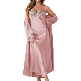 MILAX Халат жіночий, піжама, нічна сорочка, халат-кімоно, комплект, атлас, V-подібний виріз, рожевий, XL