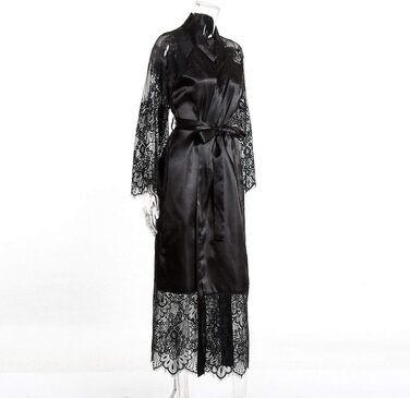 Кимоно жіноче YUHOOE, шовковий халат з мереживними рукавами, довгий халат з поясом, сатинова білизна, нічна сорочка для вечірки або свята, чорний, розмір M