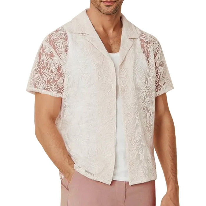 Чоловіча прозора блуза з довгим рукавом, мереживна сорочка-сітка, обтисла сорочка для клубу (L, Білий 3)