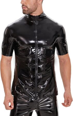 Чоловічі сорочки з екошкіри SDGHH-8MMDM: класичні, блискучі, з ефектом мокрого блиску, м'юслі фіт, короткий рукав, на блискавці, чорні, 3XL