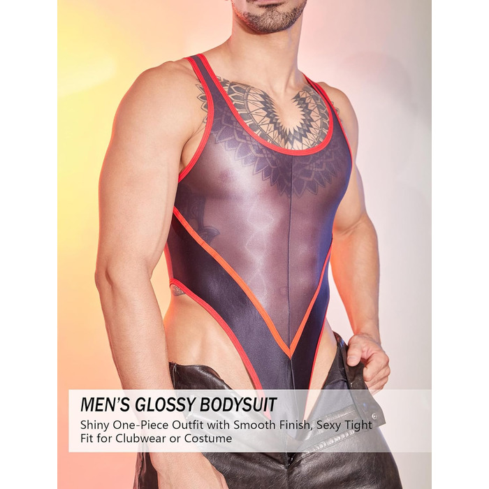 Боді для чоловіків AIEOE - сексуальний, прозорий боді, топ-майка, масло блиск, без рукавів, білизна, танга (червоний)