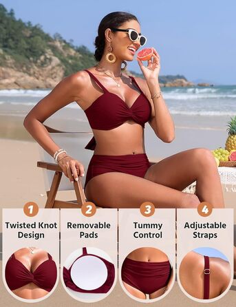 БІКІНІ ЖІНОЧИЙ ДВОШТУЧНИЙ З ВИСОКОЮ ТАЛІЄЮ, ПУШ-АП, З V-ПОДІБНИМ ВИГІНОМ, БУРГУНДІ, M