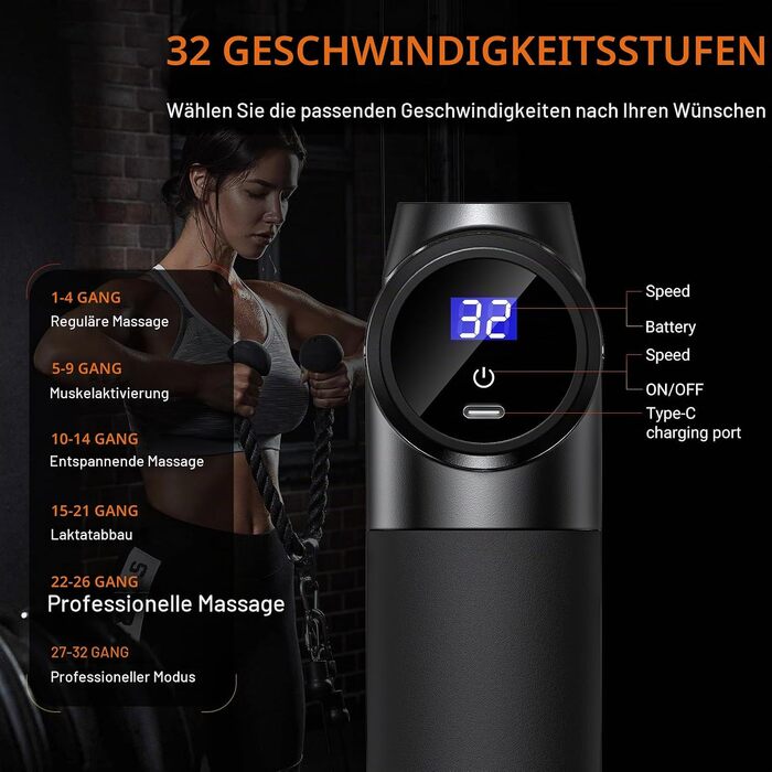 Перкусійний масажер Massage Gun для глибокого масажу тканин, 32 рівні швидкості, 8 насадок для спини, плечей та всього тіла