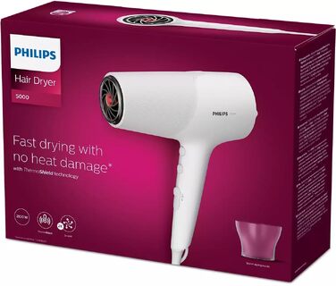 Фен для волосся Philips 5000 Series BHD500/00 з технологією ThermoShield, іонізацією, 2100 Вт, білий, з вузьким соплом та дифузором для об'єму