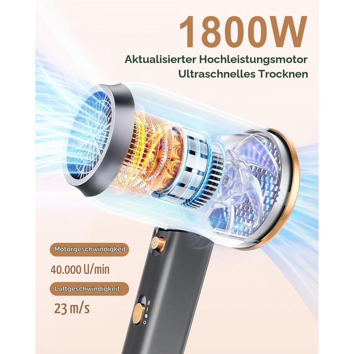 Іонний фен для волосся з дифузором та концентратором 1800W, 7 режимів швидкості та 3 температури, чорний з золотом