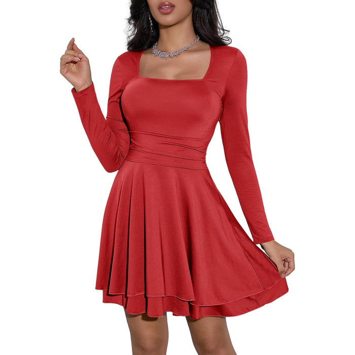 Cicy Bell: Червоне міні-плаття з квадратним вирізом та рюшами, облягаюче, для вечірок (L)