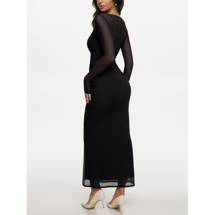 REORIA Максі-сукня для гостей на весілля: довге плаття з довгими рукавами, квадратний виріз, мереживна тканина, обтягуючий крій (Чорний онікс, XS)