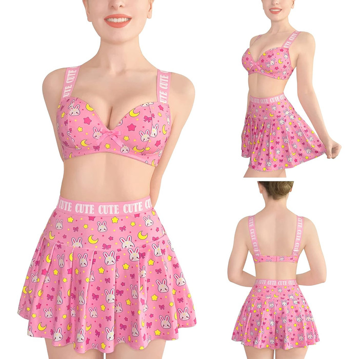 Комплект білизни LittleForBig: міні-спідниця з високою талією, бра та трусики, 3 шт. Розміри plus size, спортивний бра, рожевий, 3XL