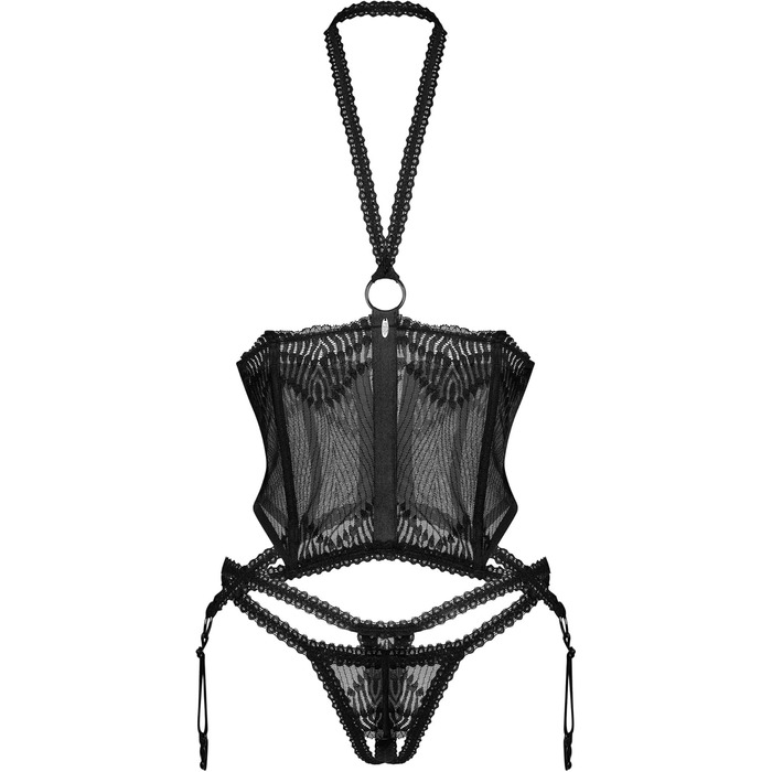 Сексуальний жіночий комплект нижньої білизни Selente Love & Fun: корсет, стрінги та шовкова маска для очей, виготовлено в ЄС. Червоний бюстгальтер з кісточками (L-XL, чорний з відкритим декольте)
