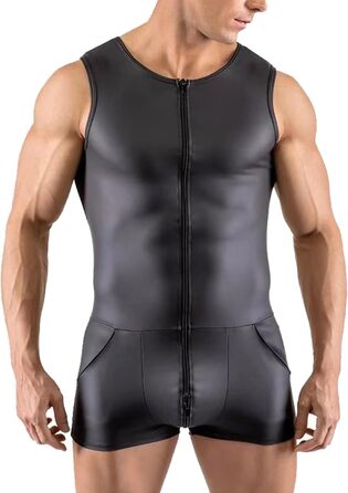 Чоловічий боді з лакової шкіри, облягаючий, з блискавкою та кишенею, для клубу/сцени, чорний, 3XL