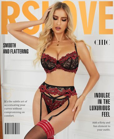 Комплект спідньої білизни RLOVE для жінок: бюстгальтер та труси (3 шт., чорний/червоний, розмір S)