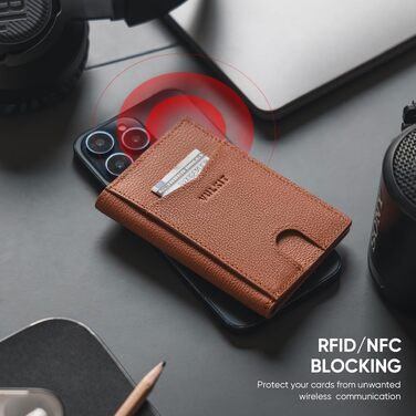 Чоловічий шкіряний картхолдер VULKIT з RFID/NFC захистом, слим-гаманець на 10 карток (колір: коричневий лічі)