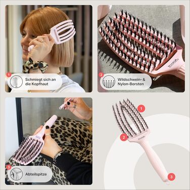 Щітка для волосся Olivia Garden Fingerbrush Care Iconic з щетиною кабана та нейлоном для розплутування та блиску, Pastel Pink Medium