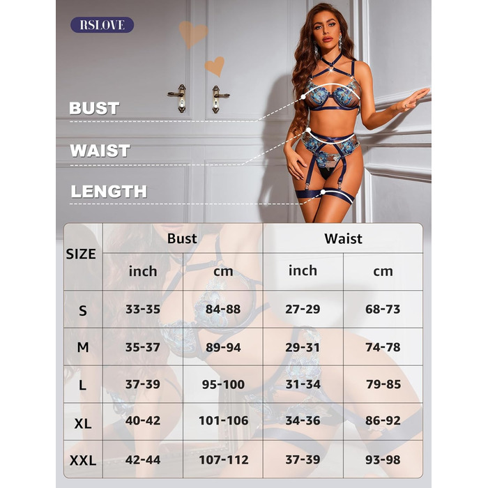 RSLOVE Комплекти нижньої білизни для жінок - Сексуальна спідня білизна з бретелями, мереживна піжама, комплект бюстгальтера та трусиків з стрічкою, XL, блакитний