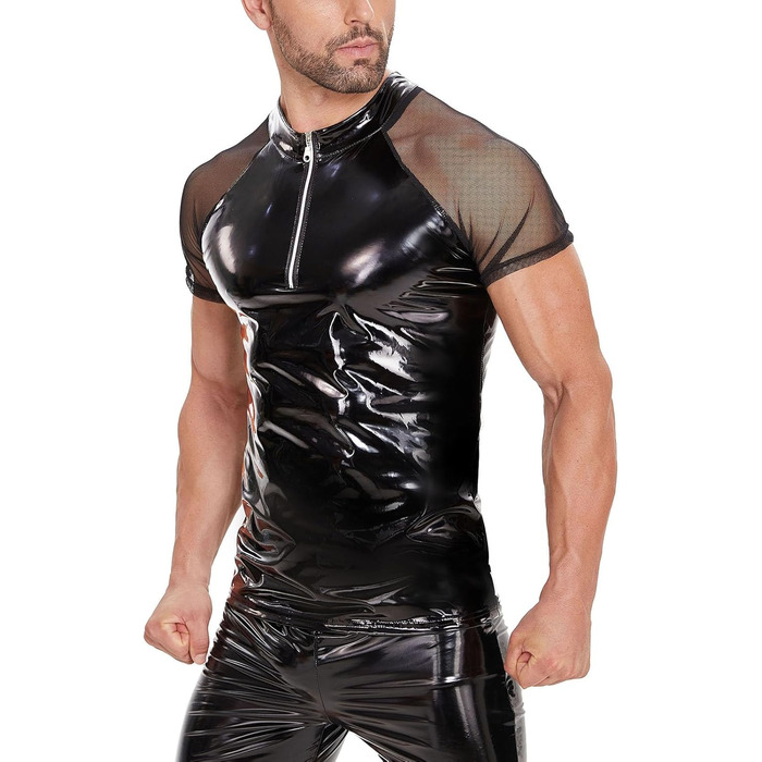 Чоловіча футболка з еластичної шкіри SDGHH-8MMDM, великі розміри, блискучий PVC, прозора сітка, латекс, чорний, 5XL
