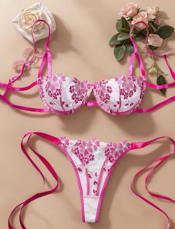 AEAU Комплект жіночої білизни: мереживний бюстгальтер та танга, прозорий, push-up, мереживний, квітковий, бралетта, S-XL (Рожевий, XL)