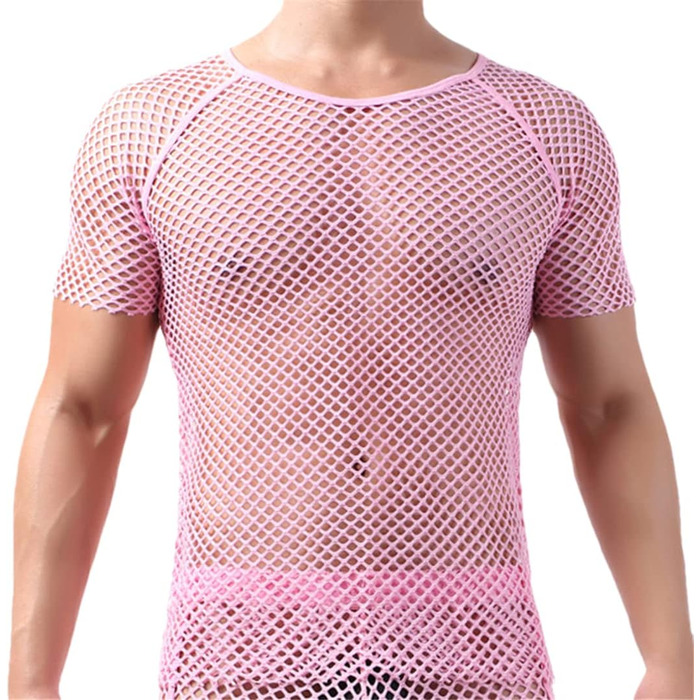 Чоловіча мереживна футболка з прозорим дизайном, короткий рукав, для нічного клубу, сітка, рожевий (FA2101)