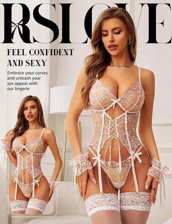 Комплект спідньої білизни RSLOVE для жінок: мереживний комплект Babydoll - сексуальний 4-частинний комплект з стрінг-стрічкою, нічна сорочка, багатокольоровий, серцевий дизайн, білий
