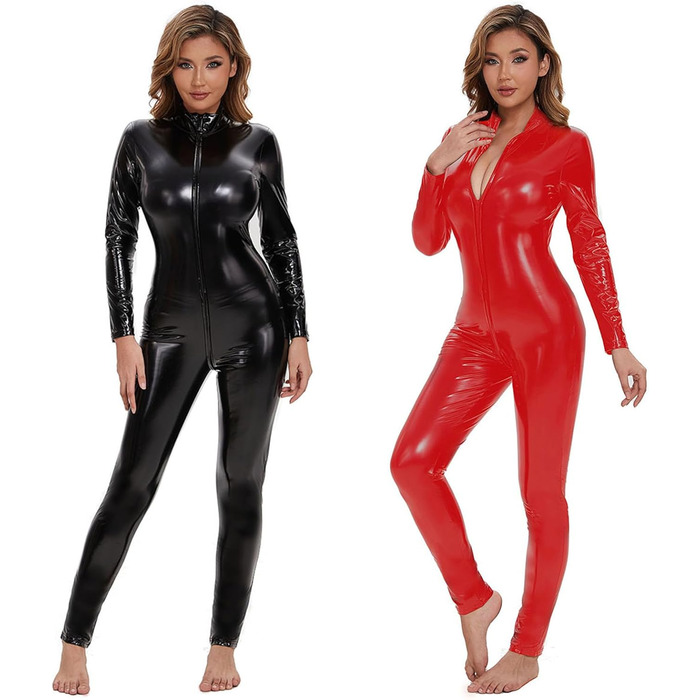 Жіночий обтислий catsuit з PU-шкіри, червоний, XL. Ідеальний для вечірок, клубів та сцени.