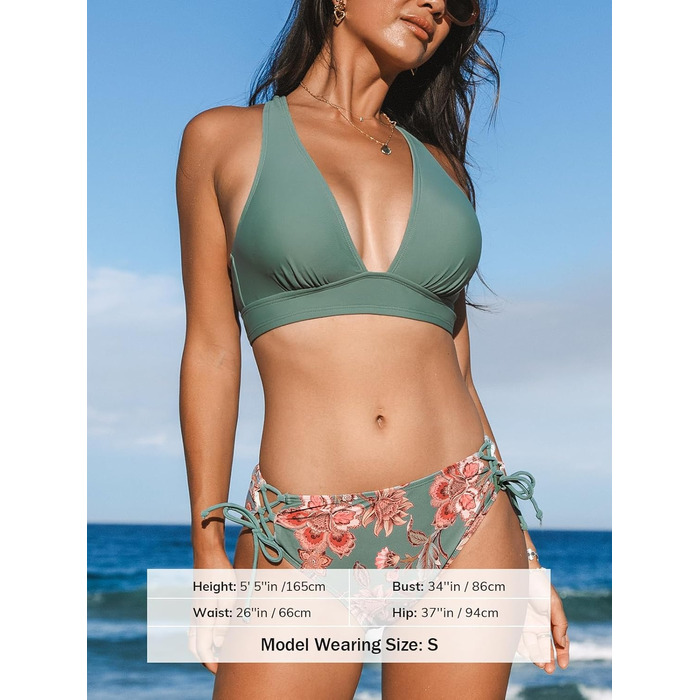 CUPSHE БІКІНІ Спортивний Роздільний Купальник з V-подібним вирізом, на зав'язках, низька талія, квітковий принт, оливковий колір, для жінок