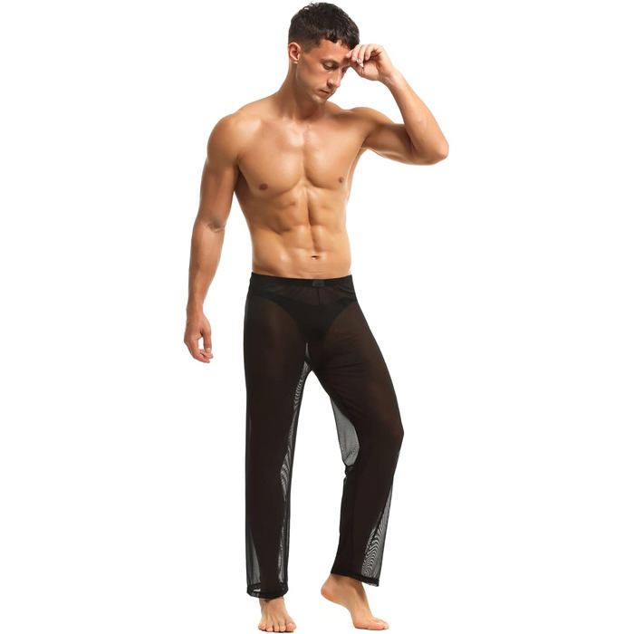 Чоловічі прозорі штани з сітки, нічна сорочка, спідня білизна, штани з нейлону, чоловічі мереживні штани, довгі прозорі штани, чоловічі штани з сітки, штани з тонкої сітки з тюлю, чорний