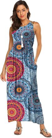 Жіноча сукня-максі Boho від BDTECAOR: довга літня сукня без рукавів з кишенями, високою талією та квітковим принтом (XXL, синій мікс)