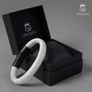 Шкіряний чоловічий браслет UNIQAL 'BRAID' з плетіння та нержавіючої сталі, білий, 21 см (у подарунковій коробці)