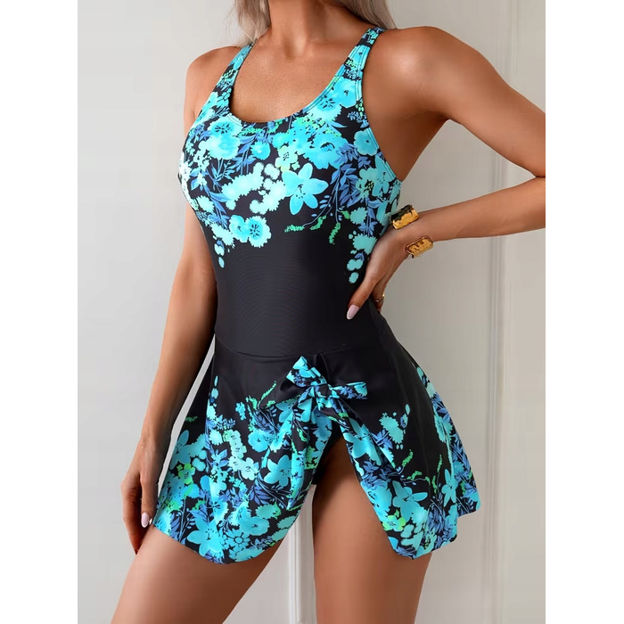 Коригуючий купальник-сукня Plus Size, чорний у квітку, розмір XL (42)