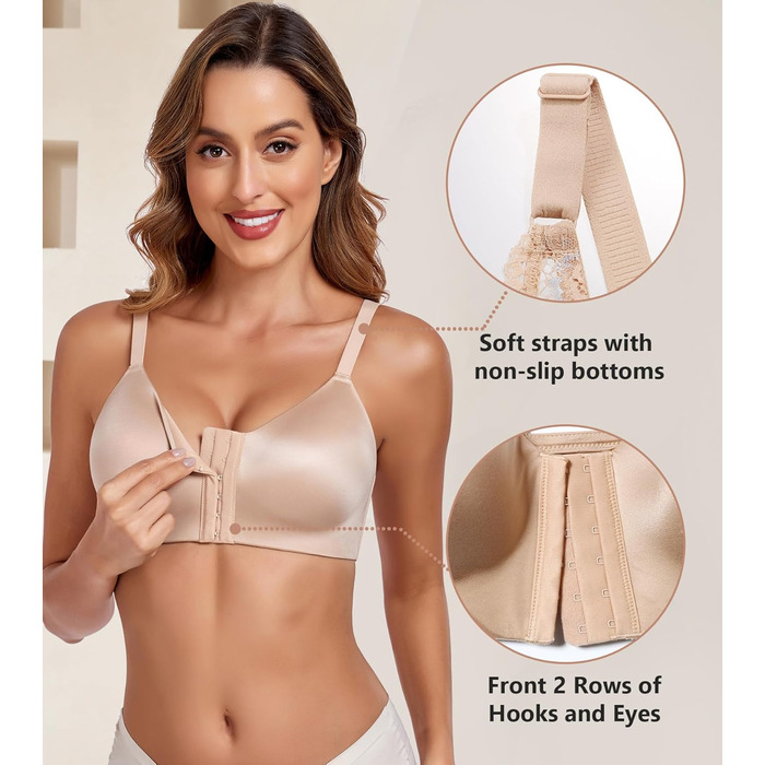 Леморосі: Безшовний бюстгальтер без кісточок, мультивей, на спину, з передньою застібкою, великі розміри, сильний утримання, повна чашка, комфортний, класичний бралетт для повсякденного носіння, 95E, бежевий