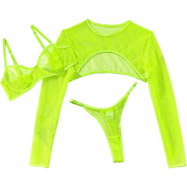 Костюм спідньої білизни Lilosy з мереживом та підтримкою кісточок, 3 шт. (Топ, Бра, Панталони), Неоновий зелений, XS