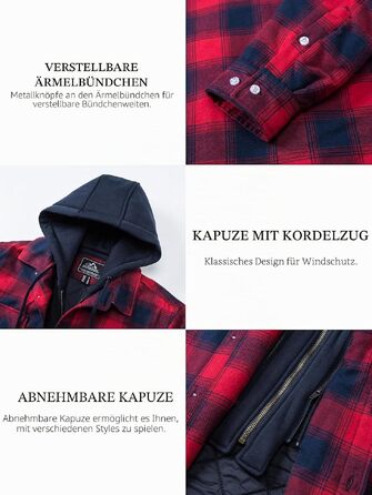 Чоловіча сорочка-куртка TACVASEN в клітинку з підкладкою та знімним капюшоном, фланелева куртка-сорочка (лісоруб), червона, розмір 3XL