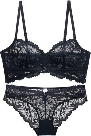 Жіноча сексуальна білизна: комплект бюстгальтера та трусиків з мереживом, з підняттям, на тонких бретелях, чорний, 80