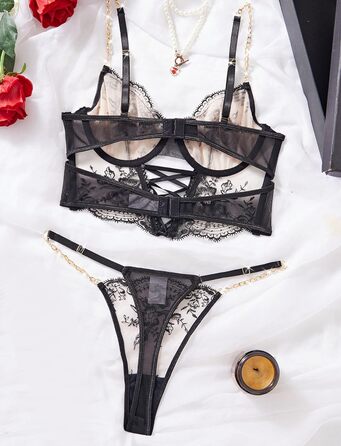 FEOYA Комплект бюстгальтера та трусиків push-up з мереживом та вишивкою, чорний, XL