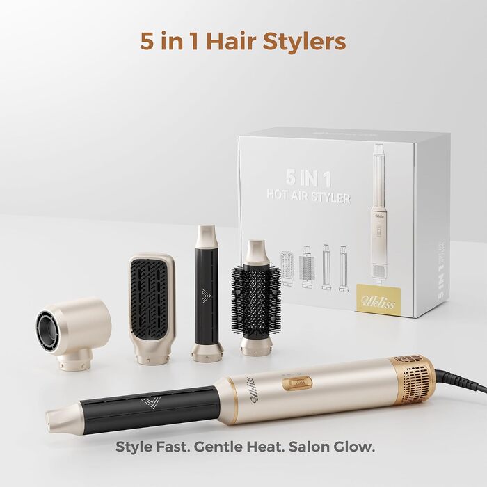 Мультистайлер для волосся 5 в 1 UKLISS Airstyler Pro 1000W: фен, брашинг, гофре, випрямляч та завивачі для сушіння та укладки, Сріблясто-золотий