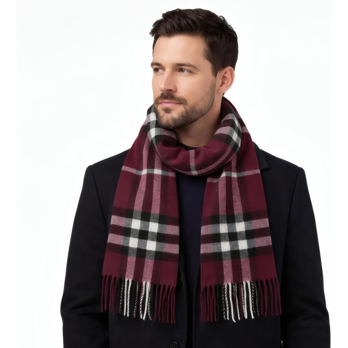 Унісекс шарф у клітинку KARMA.DIEM London Style, м'який зимовий шарф для жінок та чоловіків, бордовий (Burgundy Red Tartan), 35x170 см